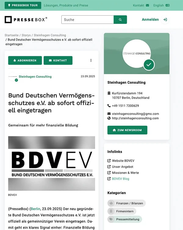 Meldung auf pressebox.de - Bund Deutschen Vermögensschutzes e.V. ab sofort offiziell eingetragen