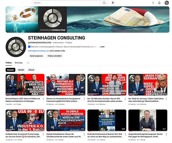 Das Bild zeigt eine Ansicht unseres Youtube Kanals. Mit einem Klick darauf kommen Sie direkt zu unserem Angebot an Videobeiträgen von Jens Steinhagen