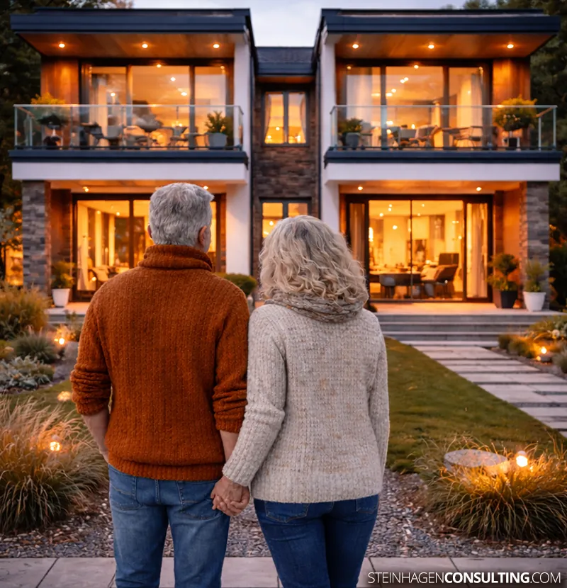 Gefahren des Lastenausgleichsgesetz (LAG) für Wohneigentümer | Die Mythen Das Bild zeigt eine Familie, die stolz auf ihre Immobilie schaut. Welche Gefahren gehen vom Lastenausgleichsgesetz (LAG) auf Wohneigentümer aus?