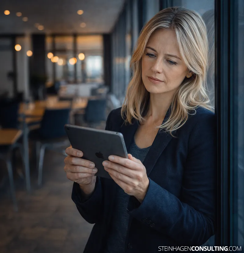 Eine Frau informiert sich zu Fakten zum Thema Vermögensabgabe im Zusammenhang mit dem Lastenausgleich.